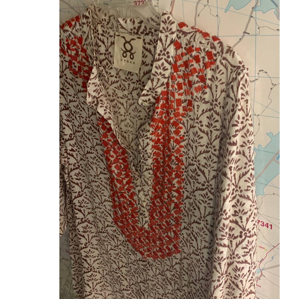 FIGUE 3/4 Sleeve Brown Leaf and Orange Beaded tunic top flaw large - Picture 2 of 15